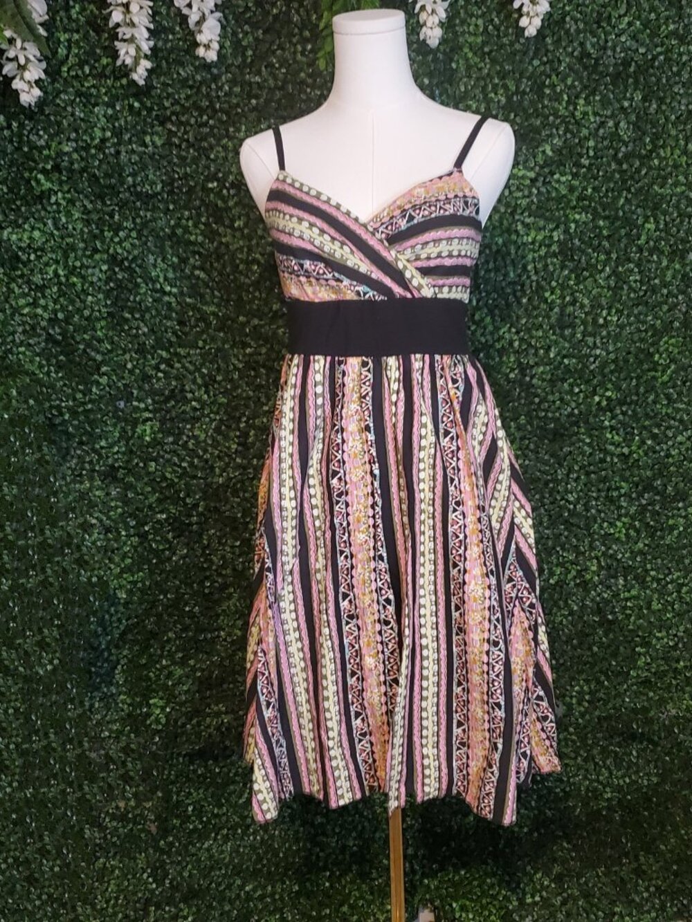 Derek Heart Boho Stripe Print Sundress Black Tie Back Sash Cotton Spaghetti Stra